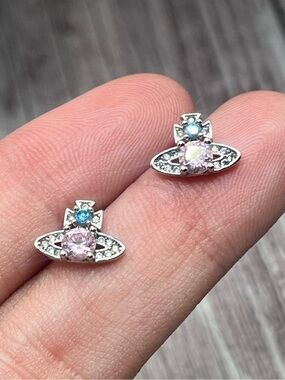 VIVIENNE WESTWOOD Ismene Tiny Orb Stud Earrings Cubic Zirconia Pink Blue White